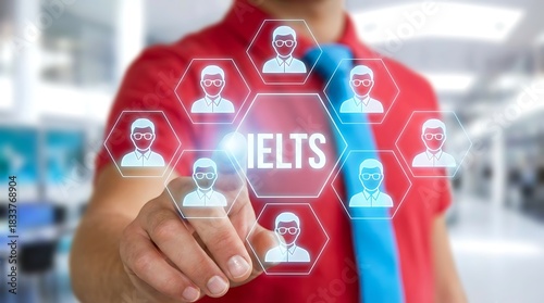 Person using virtual touch screen presses the text IELTS. English Learning and Testing School Education concept. IELTS TOEFL English Language Test ,school, concept,