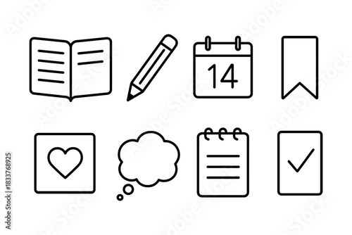Essential linear icons for note taking and organization in minimalist style