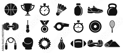 Collection of black silhouette icons representing various sport and fitness equipment, activity, and achievement symbols isolated on white background