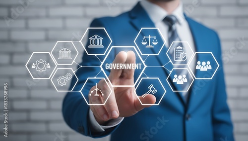 Person using virtual touch screen presses the word GOVERNMENT. Concept of Government Innovation Technology. Public Government Sector ,security, innovation