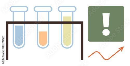 Test tubes filled with liquids on rack, warning sign, rising arrow. Ideal for science, research, innovation, data analysis, health education progress. Simple flat metaphor