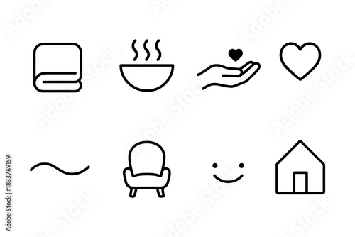 Minimalist home comfort icons collection featuring wellness and cozy living symbols