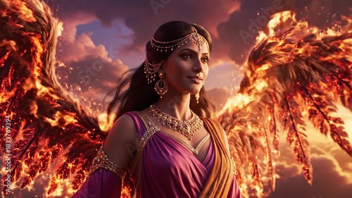 Woman with fiery wings in fantasy art style conceptual design vibrant colors dreamlike composition