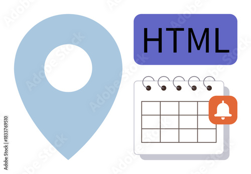 Blue location pin, HTML text box, and calendar with an orange notification bell. Ideal for scheduling, coding, location-based events, reminders, development, planning simple flat metaphor