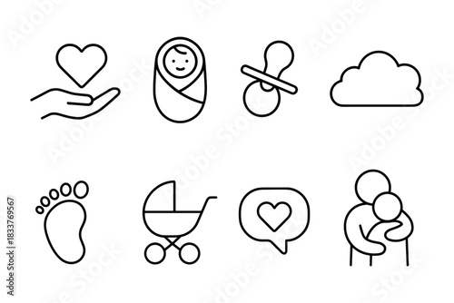 Minimalist baby care icons set featuring heart, cloud, footprint, pacifier, and family love