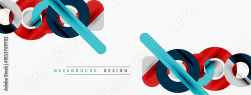 Abstract geometric shapes overlap, creating dynamic composition. Red, blue, dark shades dominate white background. Modern design element.