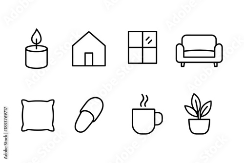 Minimalist linear icons: cozy home essentials for modern living spaces