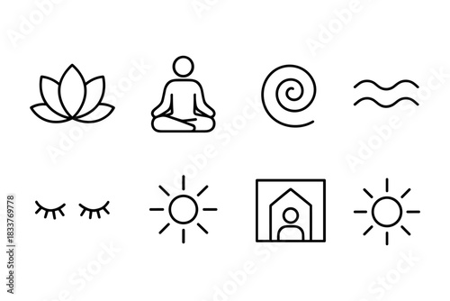 Minimalist yoga and meditation icons: zen and relaxation elements