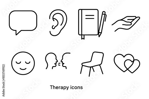 Minimalist therapy icon set featuring communication and wellness symbols