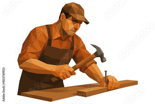 Geometric art of craftsman hammering nails in wood