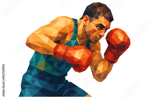 Polygonal boxer in fighting stance with geometric crystal art style