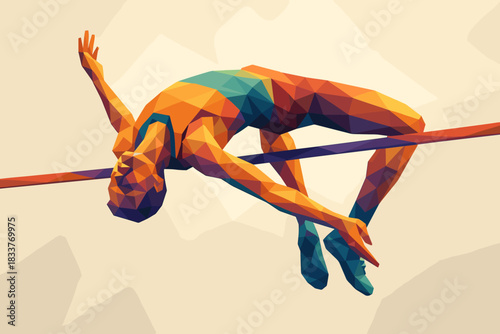 Colorful geometric athlete jumping over a bar in dynamic low poly style