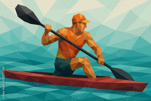 Geometric style kayaker on vibrant waters with abstract background