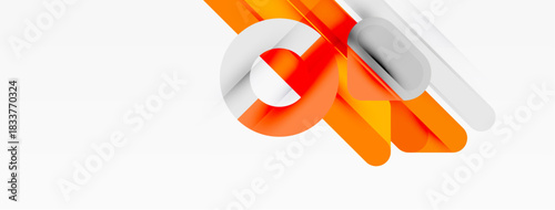 Abstract shapes overlap, creating dynamic composition. Orange, white hues dominate minimalist design. Modern aesthetic.