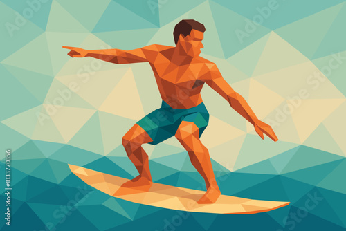 Geometric surfer balancing on waves in low poly style