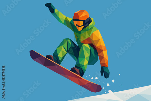 Vibrant low poly snowboarder in mid-air on a sunny day