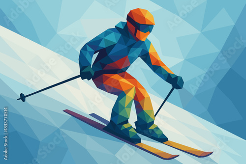 Geometric skier in vibrant low poly art style on snowy slope