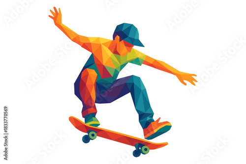 Geometric skateboarder performing a trick in vibrant polygonal style