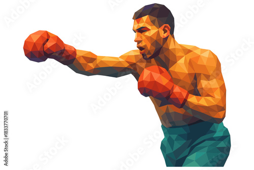 Polygonal art of boxer throwing punch in dynamic pose with vibrant colors