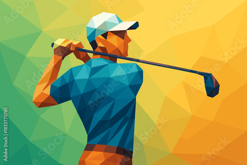 Geometric polygonal golfer swinging club in vibrant low poly style