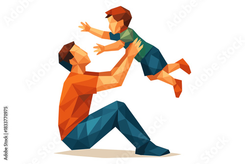 Geometric art of a father playing with child in vivid low poly style