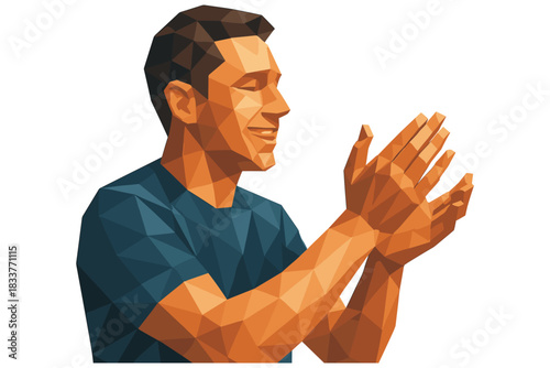 Geometric low poly art of smiling man clapping hands in blue shirt