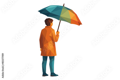 Polygonal art style depicting a person with a colorful geometric umbrella