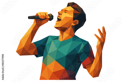 Colorful low poly art of singing performer with microphone