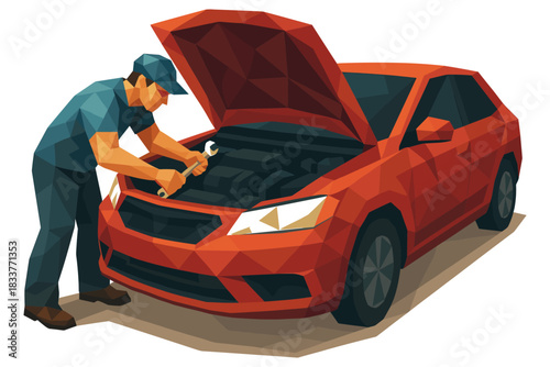 Low poly art of mechanic repairing car engine in geometric style