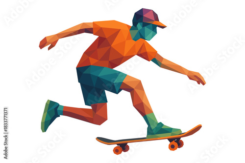 Colorful low poly skateboarder in motion wearing orange and blue