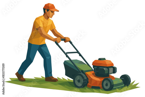 Geometric style man pushing lawn mower on grass in low poly art