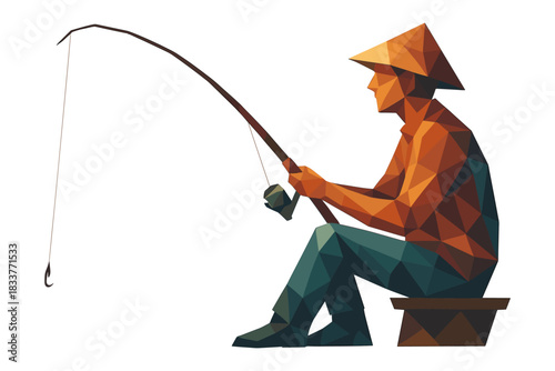 Low poly fisherman in action with traditional hat and fishing rod