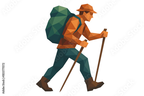 Geometric hiker with backpack and sticks in low poly style