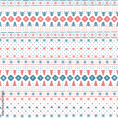 merry christmas. happy new year. winter hand drawn repetitive background. blue and red christmas ornament. vector seamless pattern. fabric swatch. wrapping paper. textile template. greeting card
