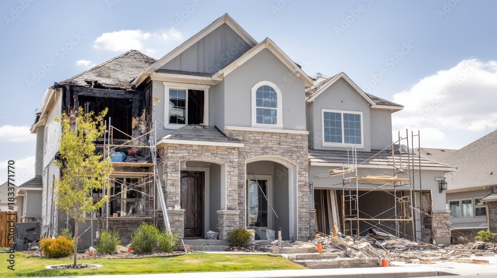 Fototapeta premium Modern suburban house renovation showcasing half charred facade and half newly rebuilt with scaffolding and workers on site