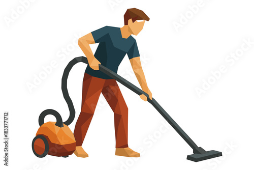 Low poly man vacuuming floor with modern orange vacuum cleaner