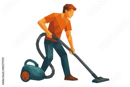 Geometric low poly design of a man vacuuming the floor