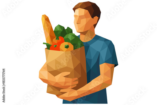 Low poly art: man holding grocery bag with vegetables and bread in flat style