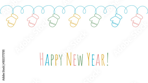 Simple banner with hanging colorful mittens in doodle sketch style. Horizontal background with garland line art and text Happy Holidays. Vector graphic