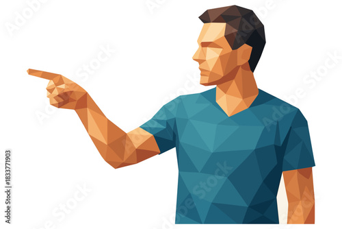 Low poly man pointing in blue shirt on white background