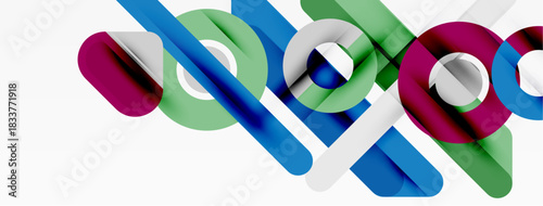 Abstract design features overlapping colorful bands. Shapes create dynamic visual flow, modern aesthetic. Clean lines, simple geometry.