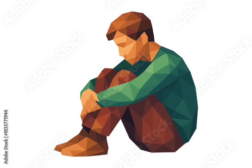 Low poly art of pensive man sitting in thoughtful pose