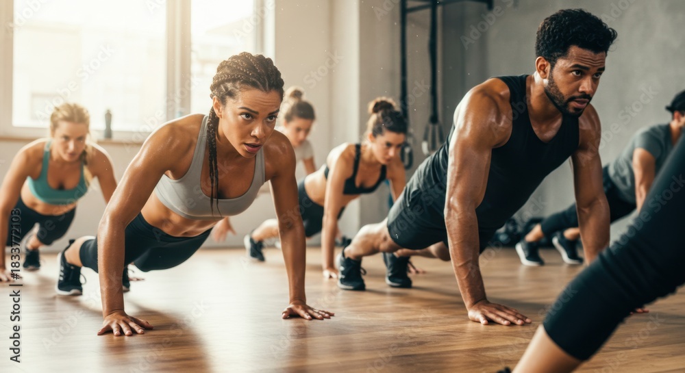 Fototapeta premium Group of people doing push-ups in a gym, working out together, fitness class.
