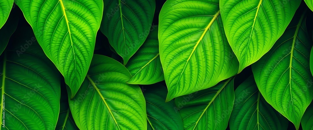 Fototapeta premium Large vibrant green tropical leaves with intricate veins, arranged in a repeating pattern, repeat, vacation