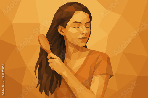 Low poly woman combing hair in geometric art style