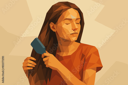 Low poly art: woman brushing hair in geometric style