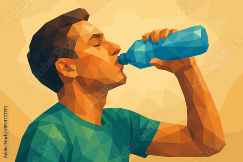 Low poly style man drinking water from bottle on warm geometric background