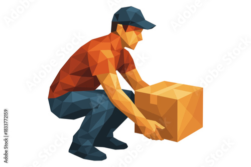 Geometric low poly artwork of a worker lifting a box in casual attire