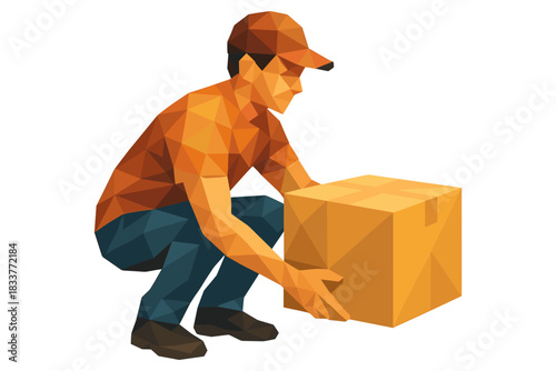 Courier delivering package in low poly style design