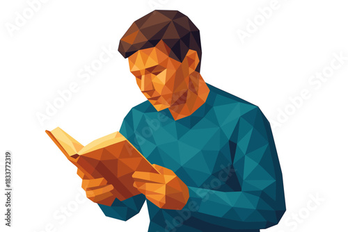 Low poly art: man reading book in geometric design with white background